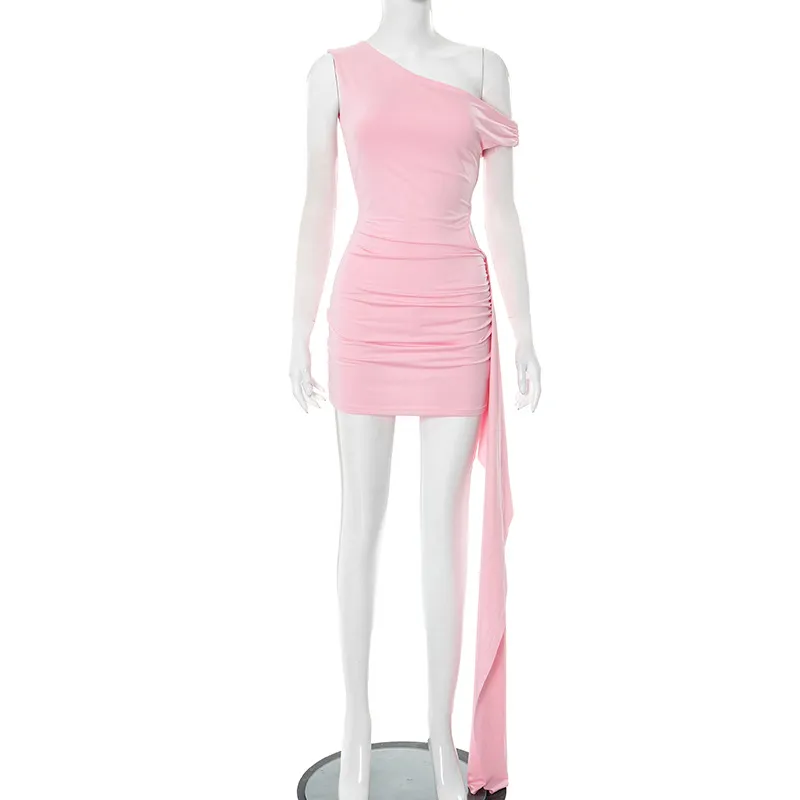 Women's Diagonal Collar Hollow Ribbon Hip Bag Dress - Pink