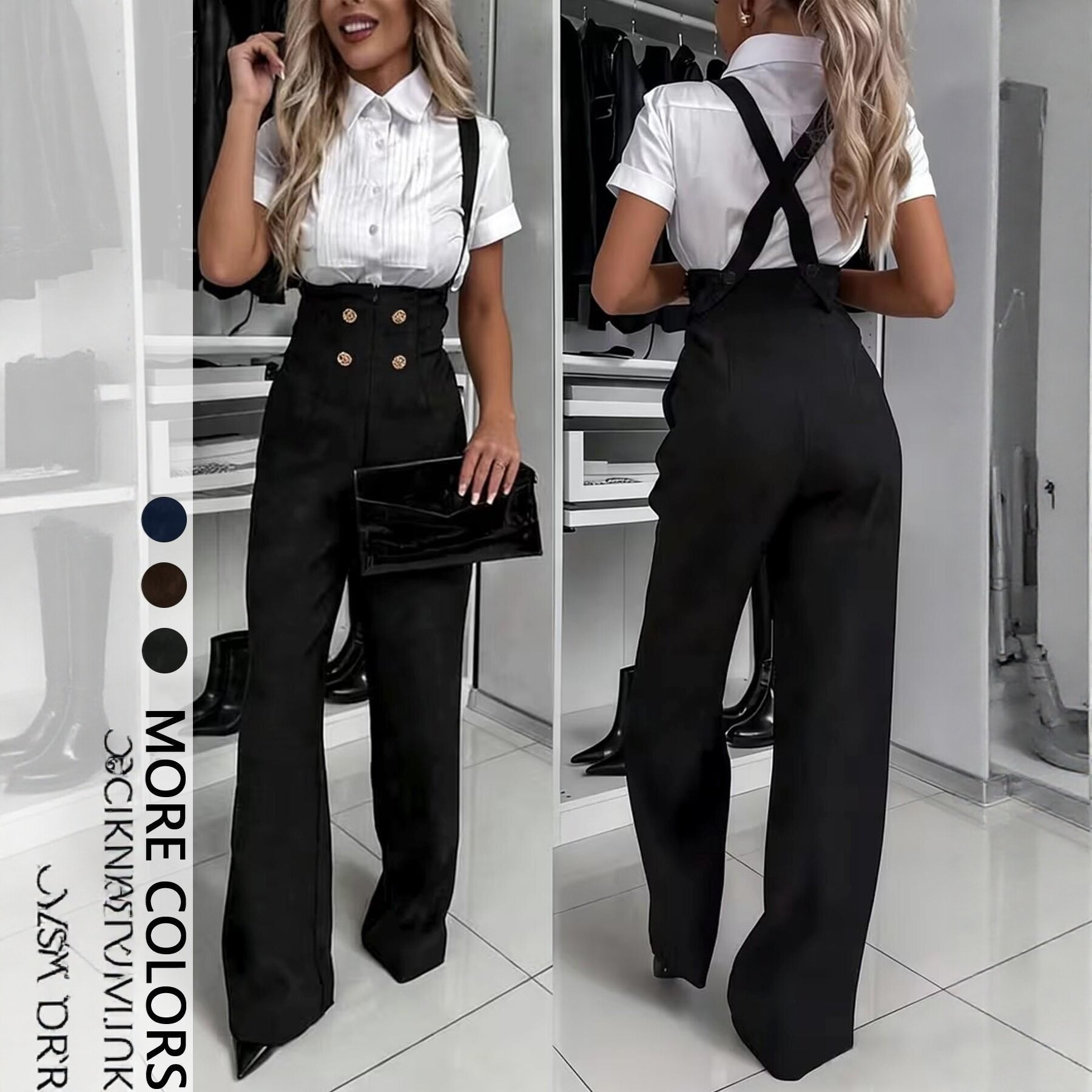 Slimming Commuter Solid-Color Double-Breasted Jumpsuit