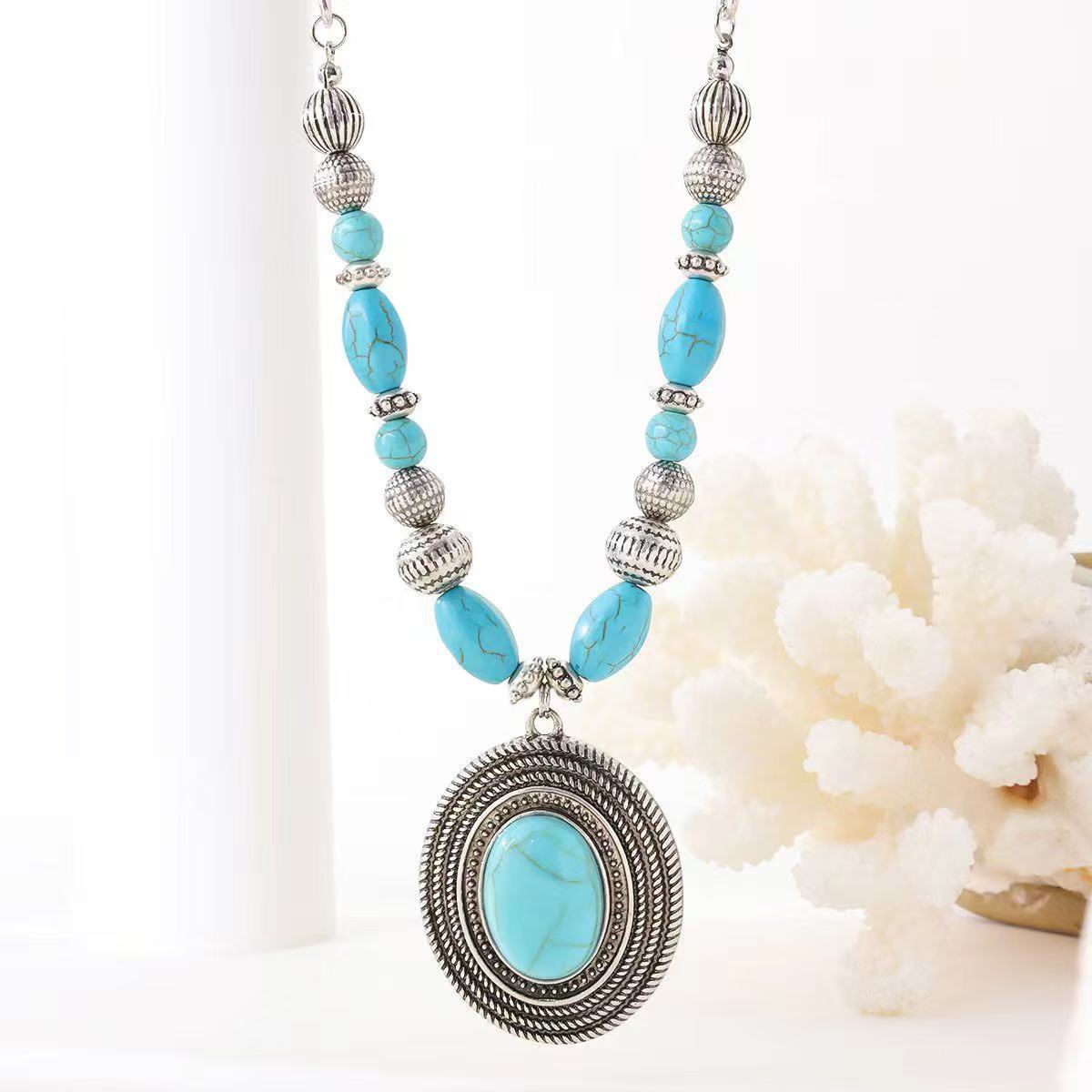 Vintage Turquoise Bead Necklace In Bohemian Style