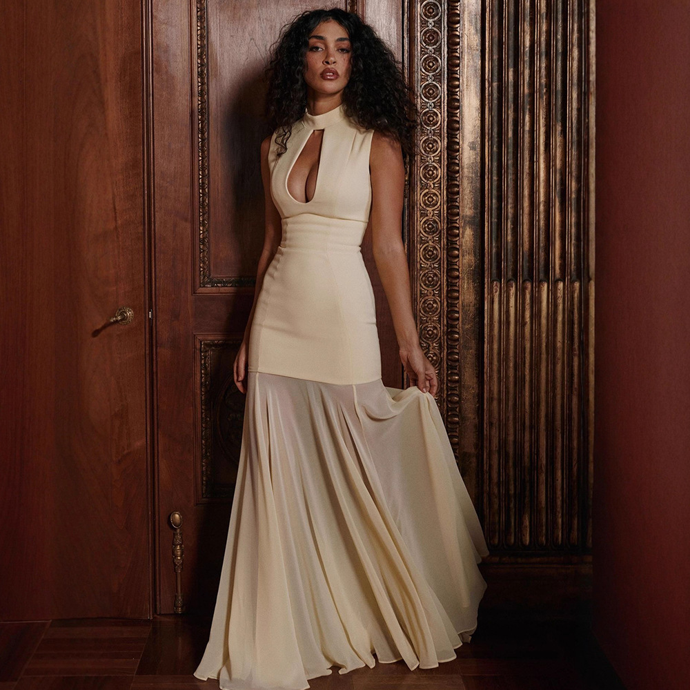 Hollow-out Strapless Waist-cinching Sheer Mermaid Maxi Dress