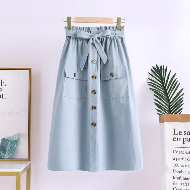 Summer New Artistic Solid Color Buttons Mid length Skirt Mori Girl Elastic Waist Cotton And Linen A Line Skirt Blue - Shop at LoveMi