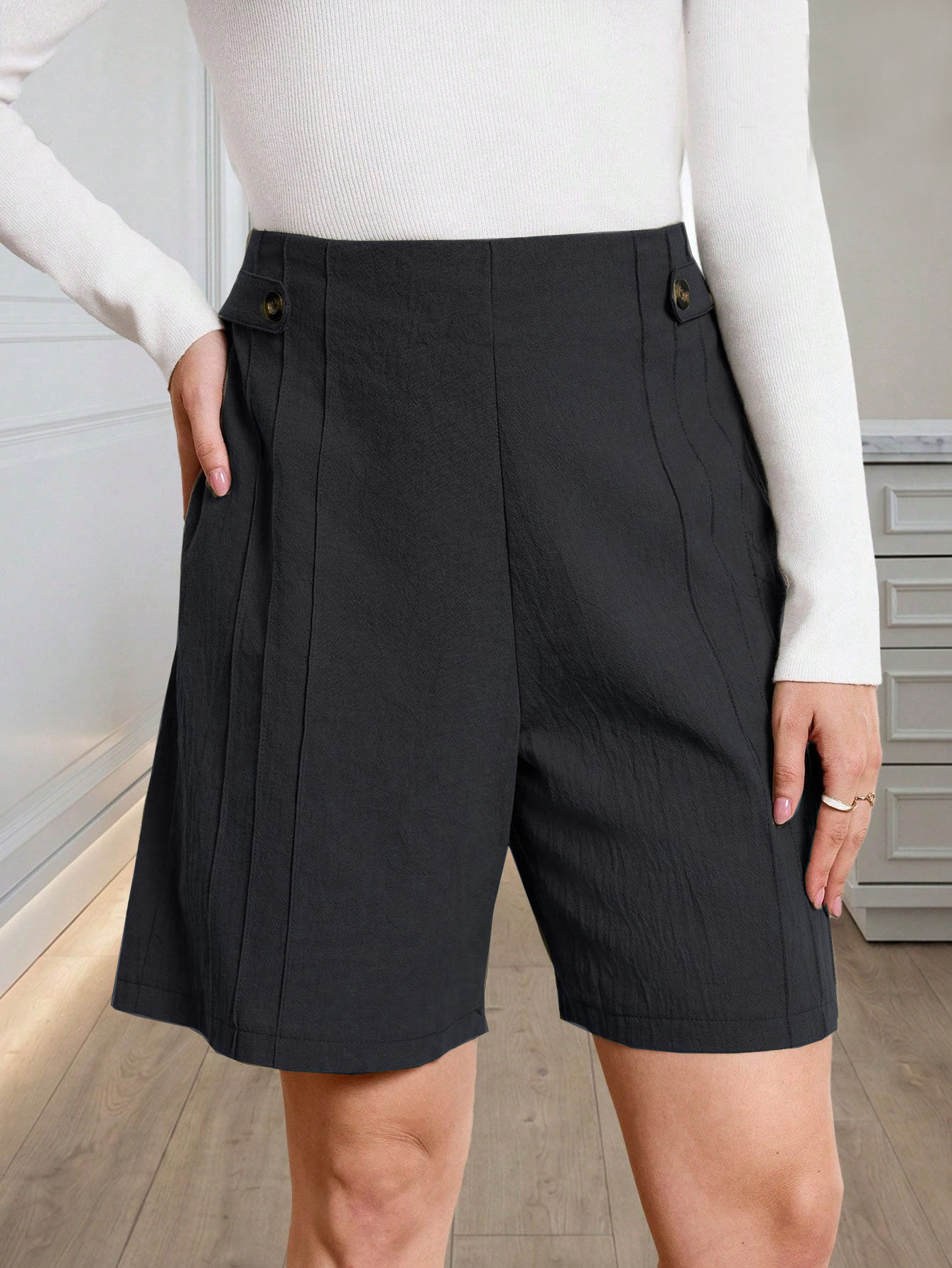 Breathable Linen Blend Mid-Waist Button Shorts for Women