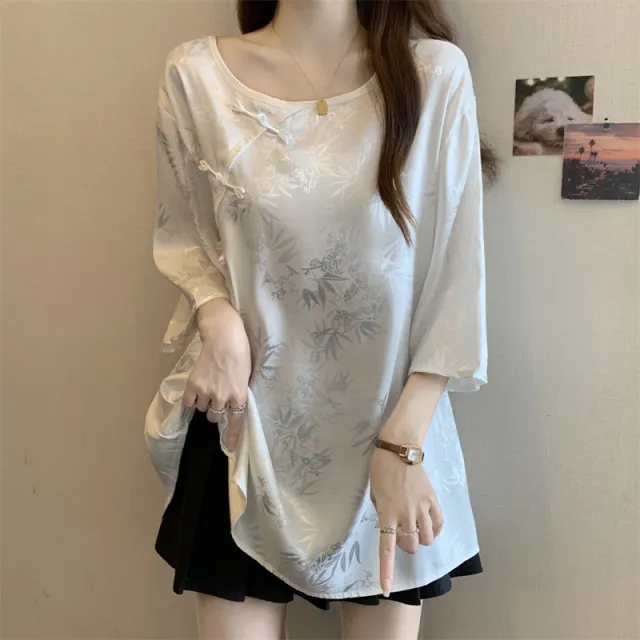 Women's Vintage Jacquard Blouse With Chinese style Button Closure, New Chinese style Top White - Shop at LoveMi