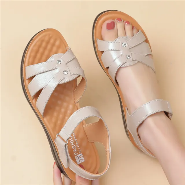 Genuine Leather Flat Non slip Middle aged And Elderly Women's Shoes Beige - Shop at LoveMi