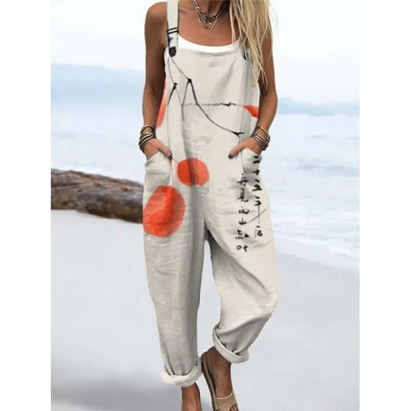 Women's Summer Digital Printing Button Casual Suspender Trousers - Tjrjddk024-Xl