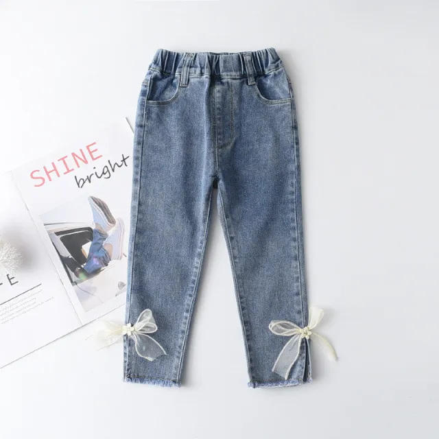 Korean Style Young And Little Girls Baby Sweet Fashion Bowknot Slim Jeans Fashion Light Blue - Shop at LoveMi