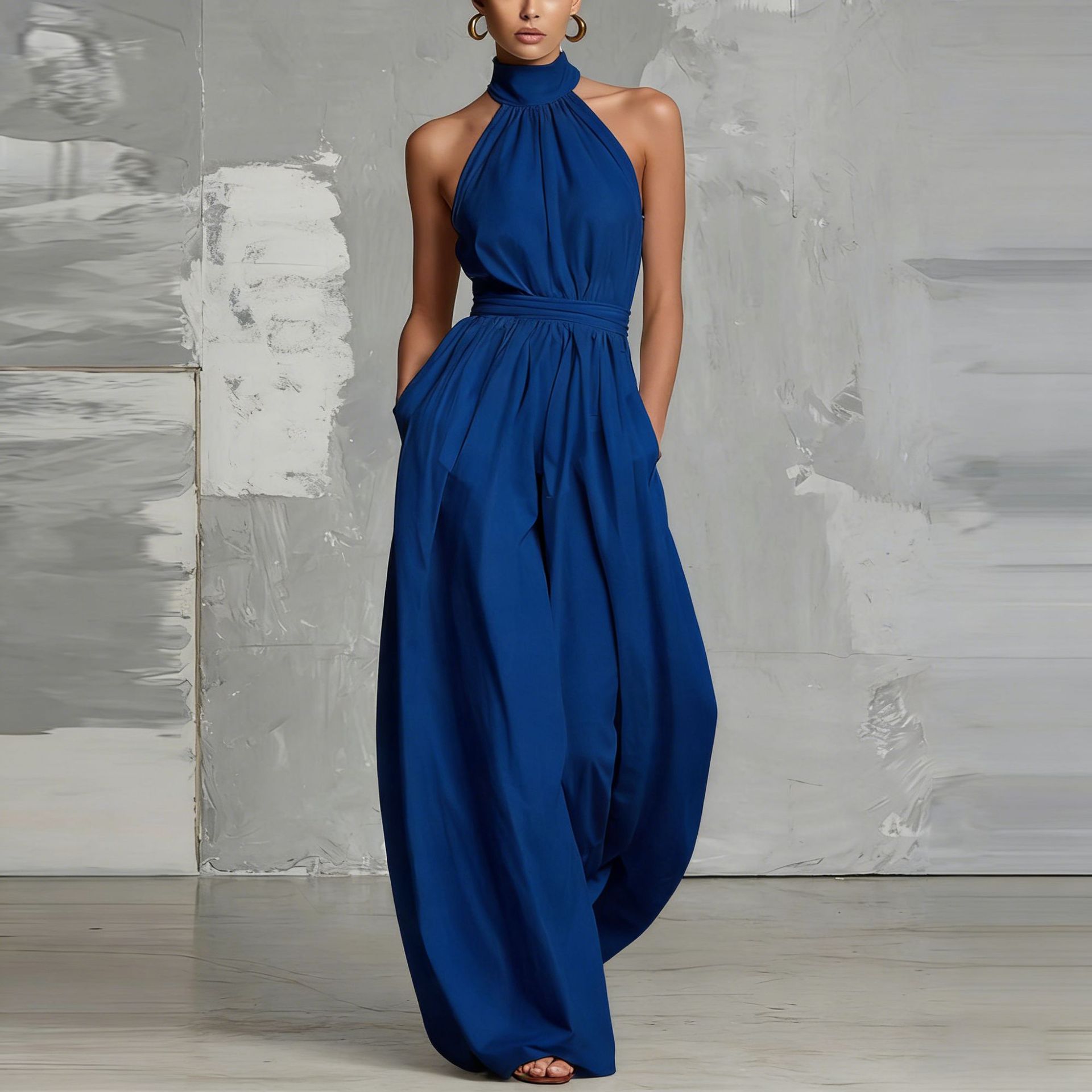 Women's pleated jumpsuit in white – belted high-waist cinched sleeveless full-length