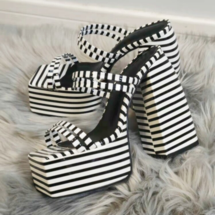 Striped Womens Chunky-heeled High Heels For Going Out