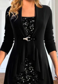 Autumn And Winter New European And American Sequin Stitching False Two-piece Suit Top For Women - Black - View 1