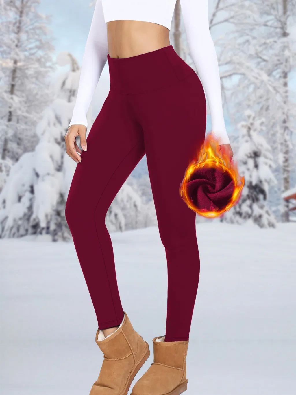 Women's High Waist Belly Contracting Warm Yoga Sports Leggings - Wine