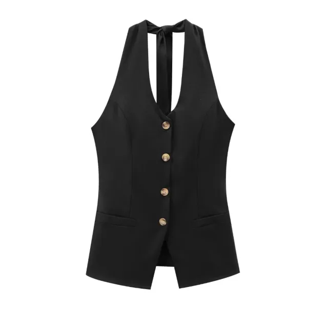 Classic Style Cotton And Linen Halterneck Vest Suit Women's Summer High grade Trousers Black Top - Shop at LoveMi