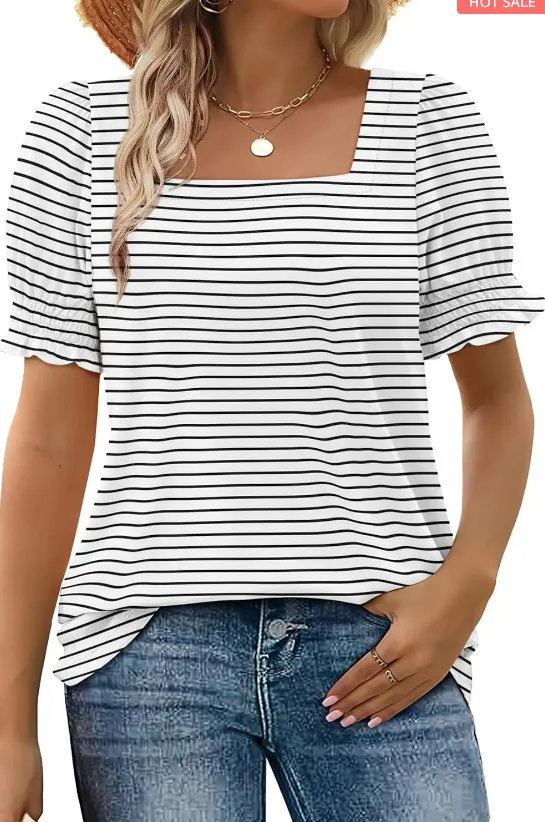 Spring And Summer New Fashion Simple U neck Petal Sleeve Loose T shirt White Stripes - Shop at LoveMi