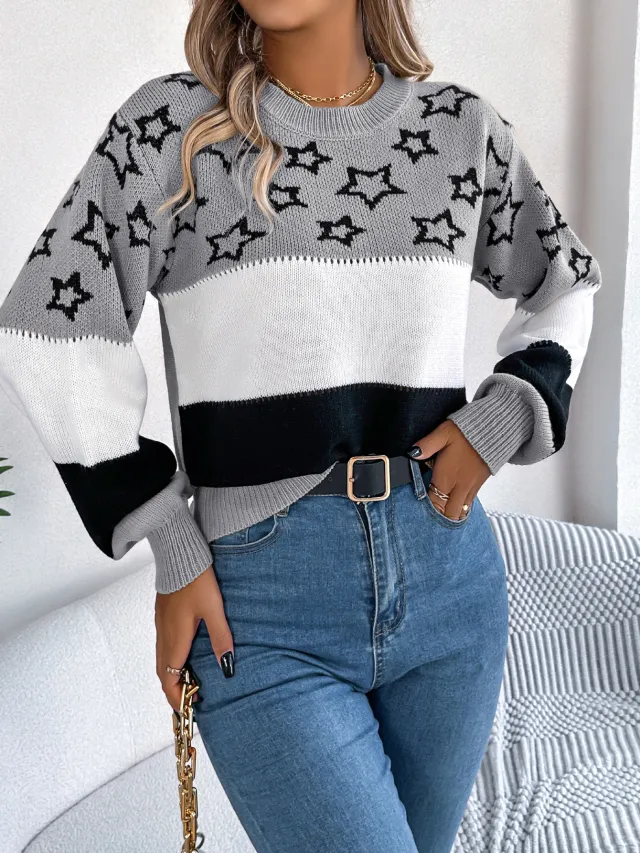 Casual Multicolor Star Hollow Lantern Sleeve Pullover Sweater Multicolor - Shop at LoveMi