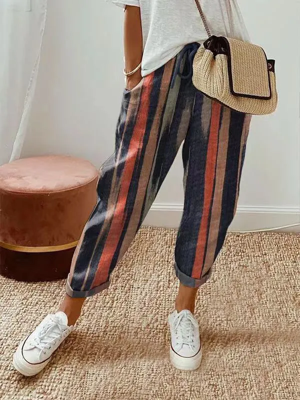 Cotton Linen Elastic waist Cropped Pants Casual Women's Pants Blue Stripe - Shop at LoveMi