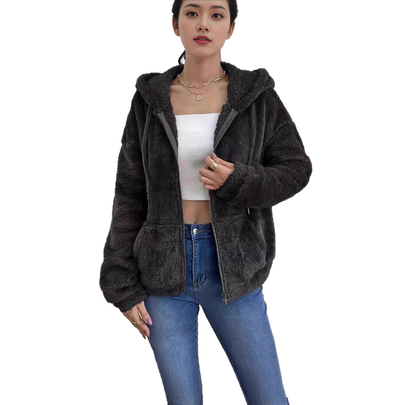 Casual Cozy Loose-fitting Hoodie With A Hood Zipper And Plush Pockets
