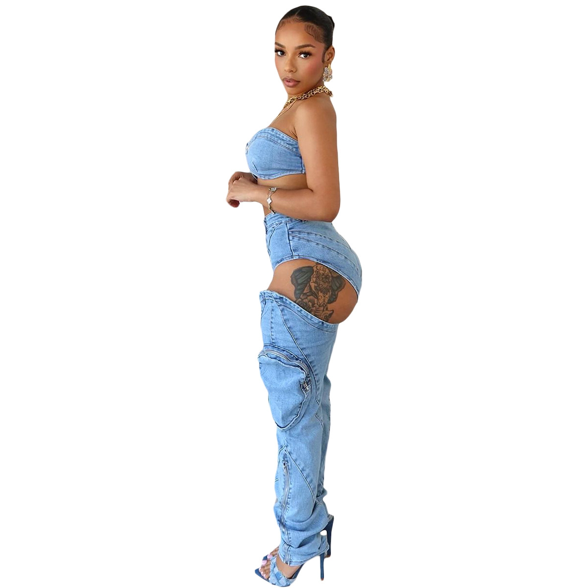 Washed Stretch Denim Split Zipper Pocket Suit