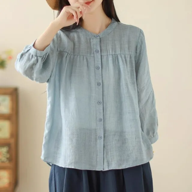 Simple Style Elegant Cotton And Linen Three quarter Sleeve Stand Collar Shirt For Women Blue - Shop at LoveMi