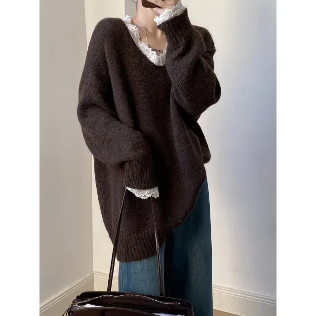 Loose And Stylish New Fashion Casual Knit Sweater Coffee - Shop at LoveMi