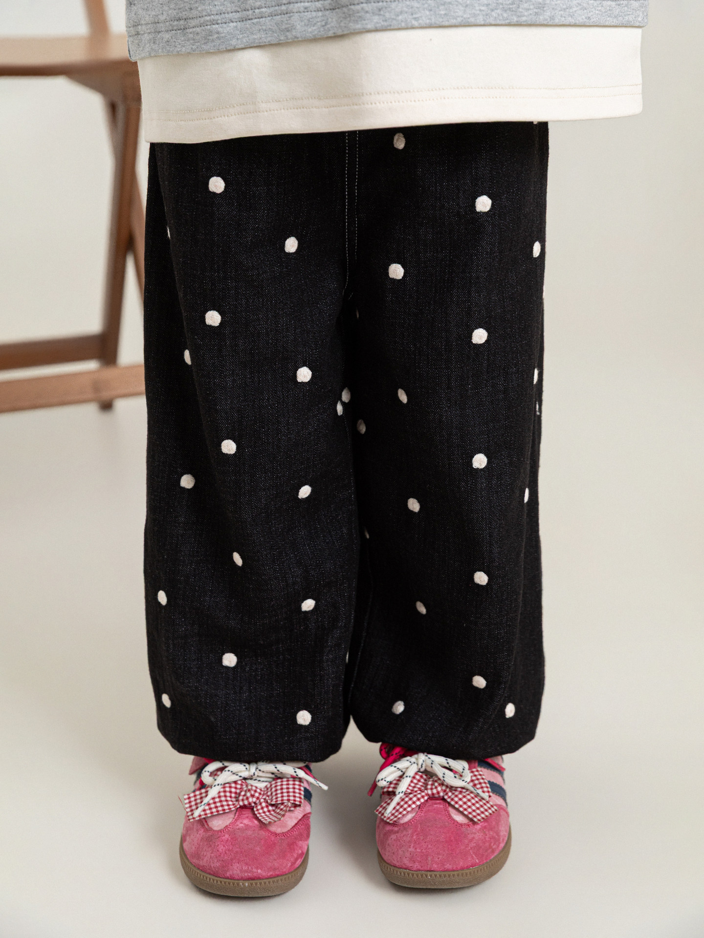 Autumn Girls' Black Polka-dot Print Loose Casual Trousers
