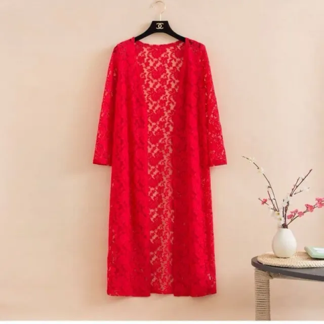 Lace Trench Coat Long Sleeve Shawl Mid length Plus Size Red - Shop at LoveMi