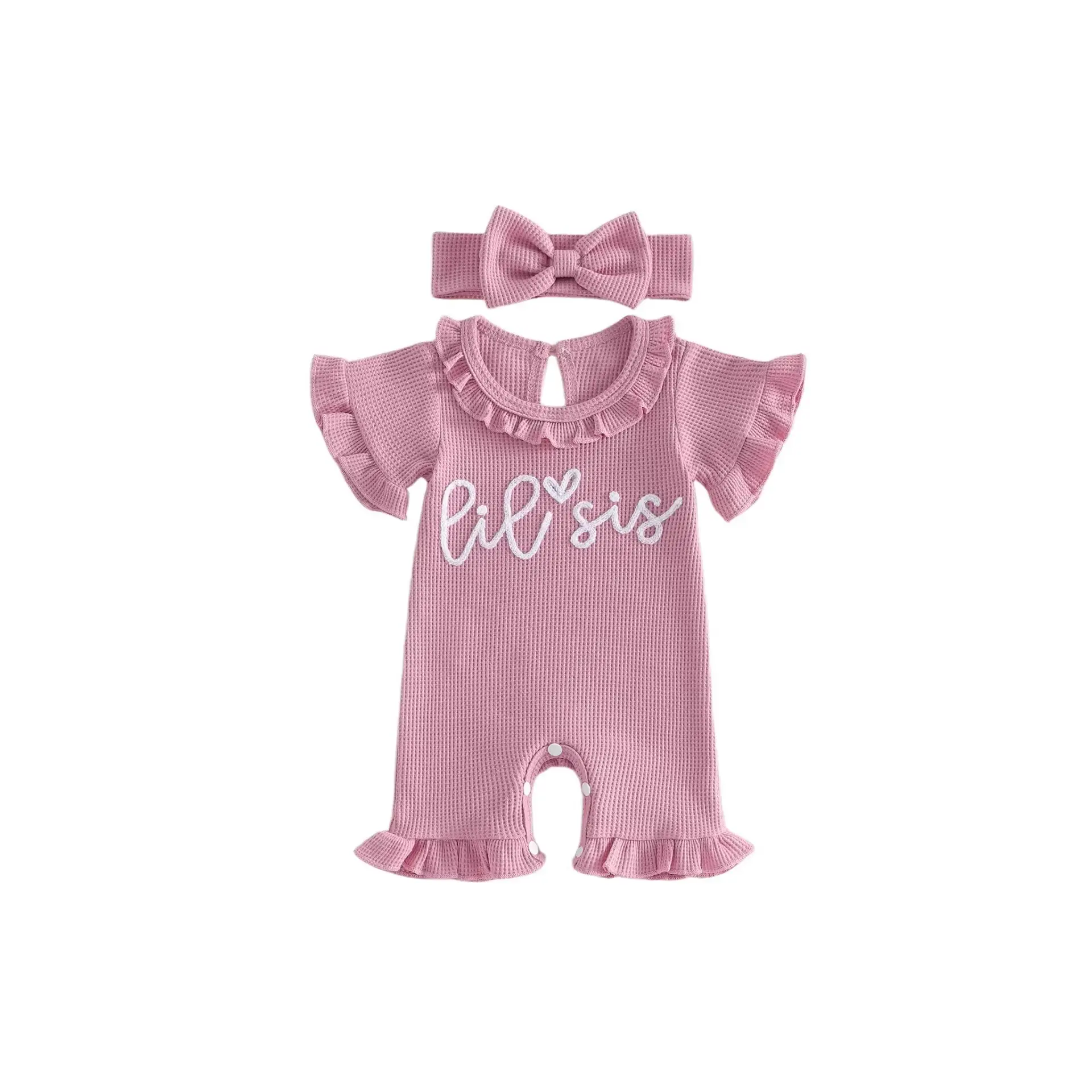 Lace-trimmed Short-sleeve Romper Headband