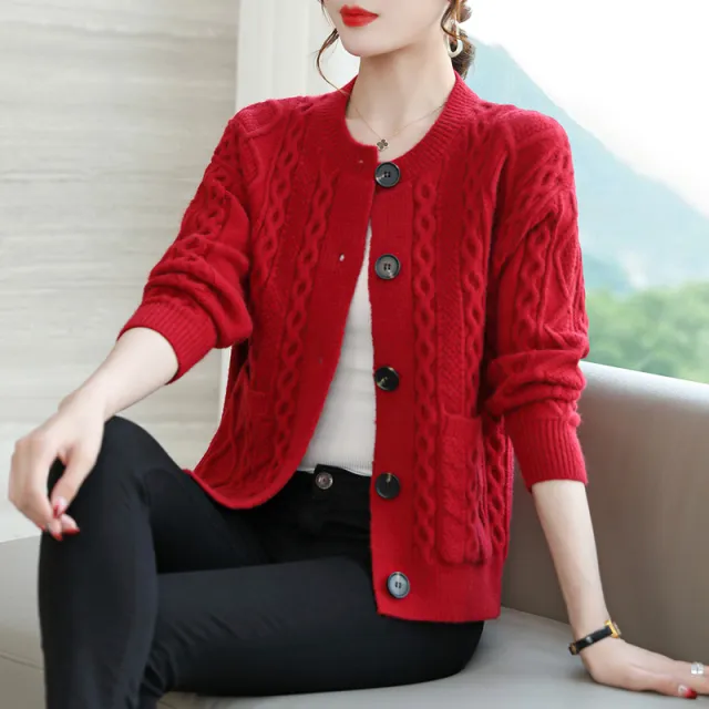 Cable knit Sweater Cardigan For Women Outer Match Short Autumn And Winter Red - Shop at LoveMi