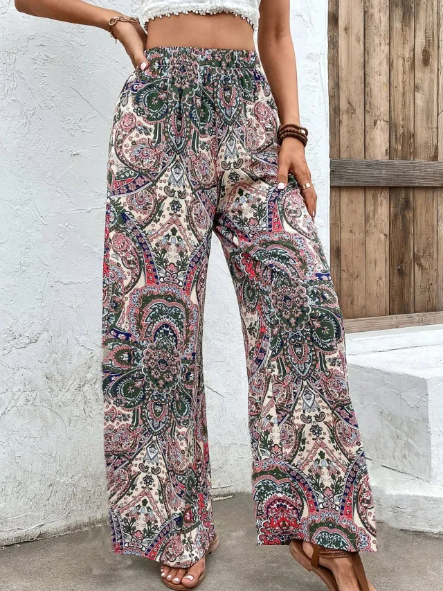 Bohemian Paisley Printed Wide leg Pants Apricot Green - Shop at LoveMi