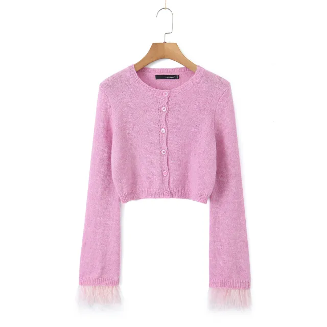 Short Knitted Cardigan Cuff Fur Slim Fit Patchwork Button Top Sweater Dark Pink - Shop at LoveMi