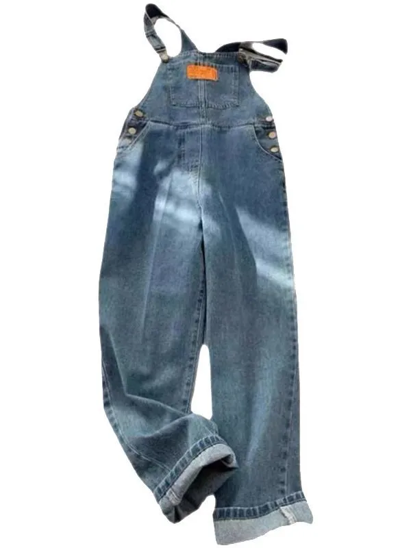 Blue Denim Suspender Pants Women's High Waist Loose - Blue