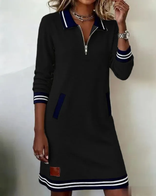European And American Autumn New Fashion Lapel Zipper Long Sleeve Color Block Pocket Dress Black - Shop at LoveMi