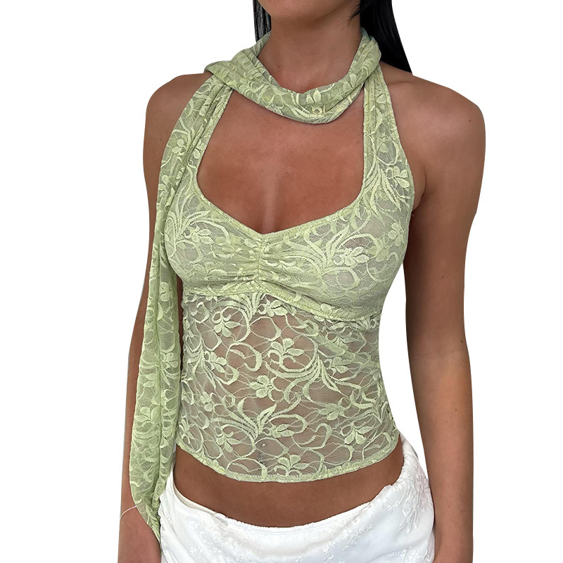 Women's Pure Color All-matching Lace Scarf Halter Top