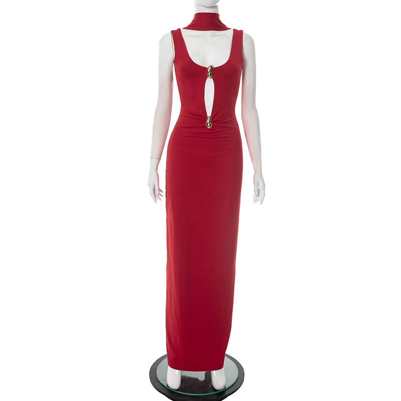 Solid Color U Collar Ribbon Hollow Out Metal Ring Backless Long Dress Red - Shop at LoveMi