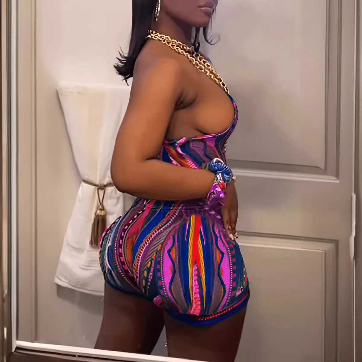 Abstract Printing Sexy Suit Multicolor Women