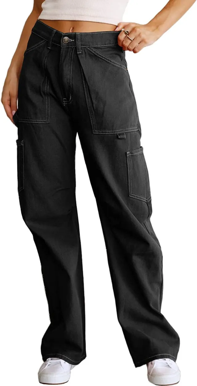 With Pocket High Waist Tooling Pants Wide Leg Black - Shop at LoveMi