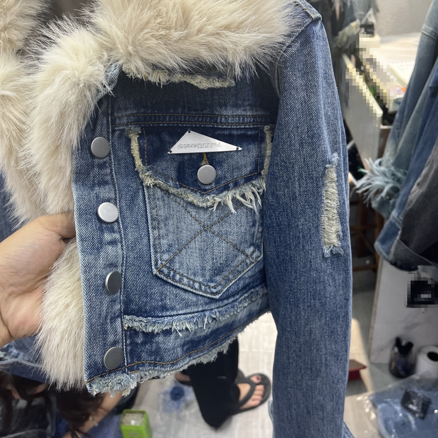 Denim Splicing Quilted Environmental Protection Fox Fur Denim Coat Short - Image 2