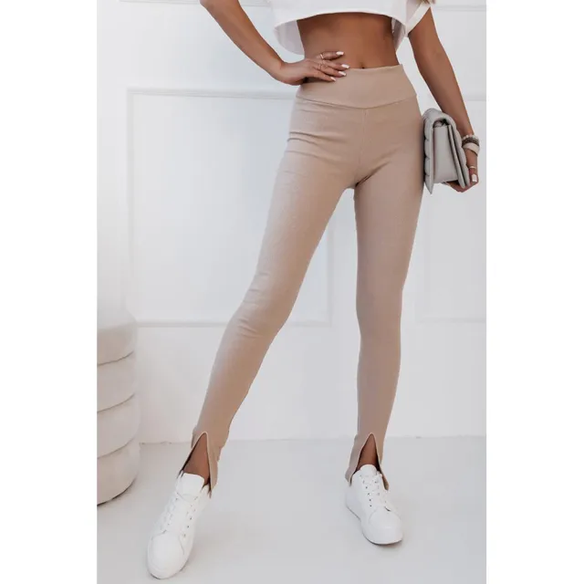 Black Rib Knitted High Waist Slit Leggings Autumn New Skinny Tappered Pants Khaki - Shop at LoveMi