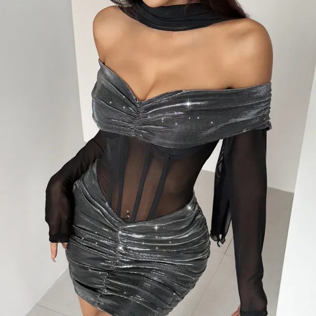Sexy Mesh Corset With A Halterneck And Flowing Ribbon Mini Skirt Black - Shop at LoveMi