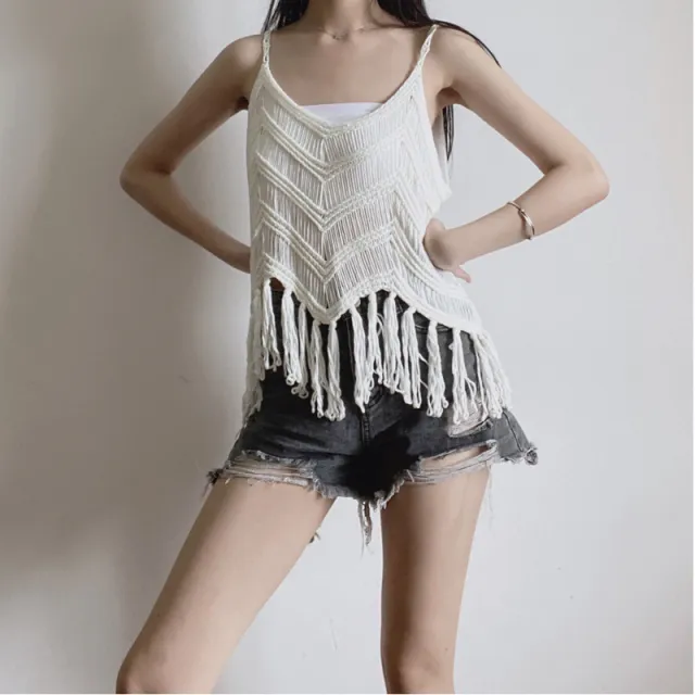 Hollow Tassel Wave Blouse Hand Crocheting Knitted Camisole For Women White - Shop at LoveMi