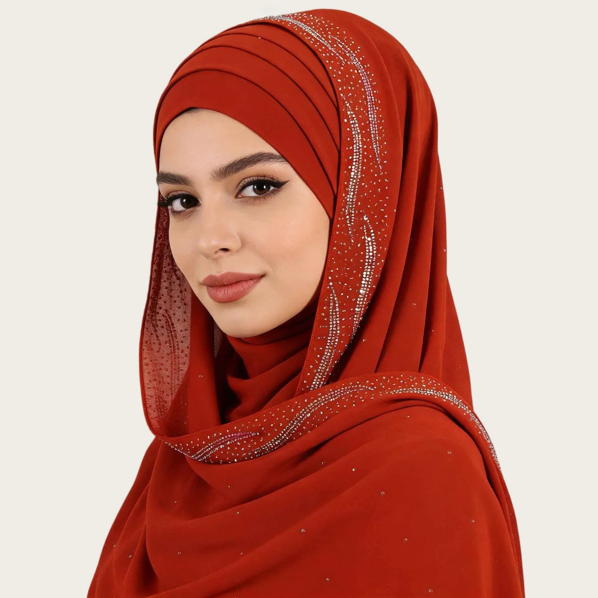 Chiffon Long Scarf With Rhinestones And Pearls