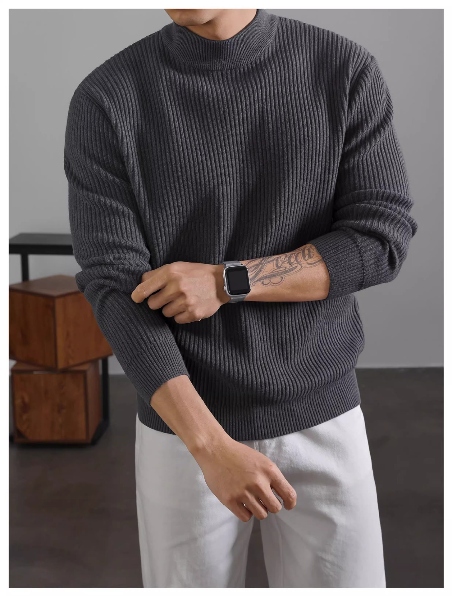 Mens Warm Korean-style Half-turtleneck Sweater With Vertical Stripes For Layering