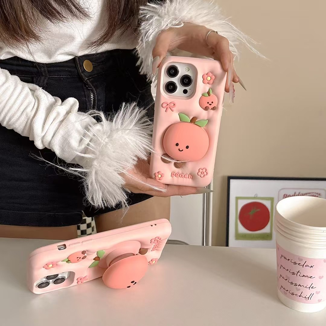 Cute Cartoon Peach Shaped Stand Phone Case Drop Proof Cover