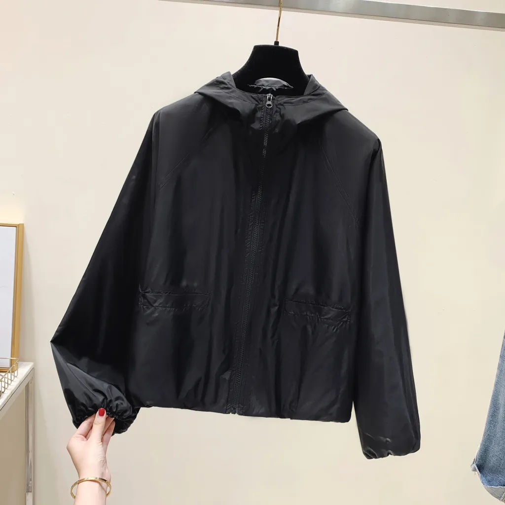 Hooded Short Sports Jacket Women's Casual Loose Solid Colour Zipper Shell Jacket - Black