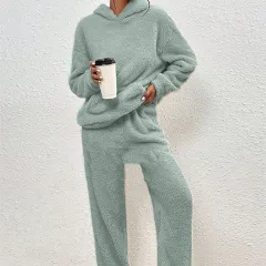 Fleece-lined Hooded Long Sleeve Dimensional Patch Pocket Casual Trousers Solid Colour Suit - Emerald-Xs - View 1