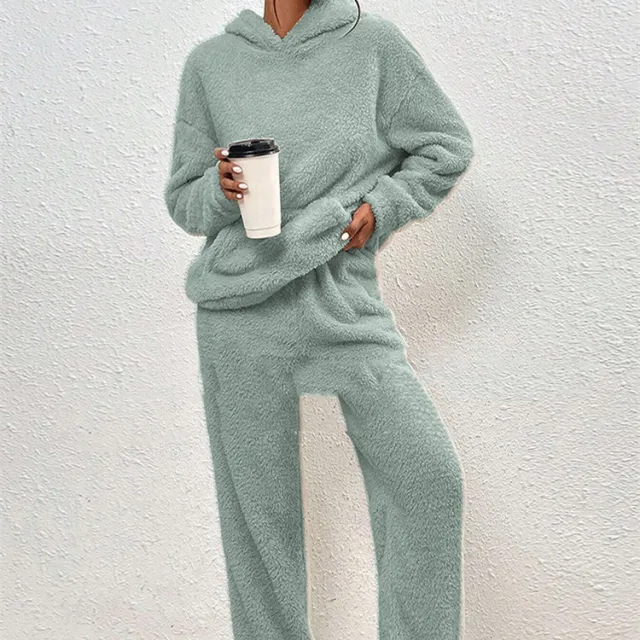 Fleece lined Hooded Long Sleeve Dimensional Patch Pocket Casual Trousers Solid Color Suit Emerald Xs - Shop at LoveMi