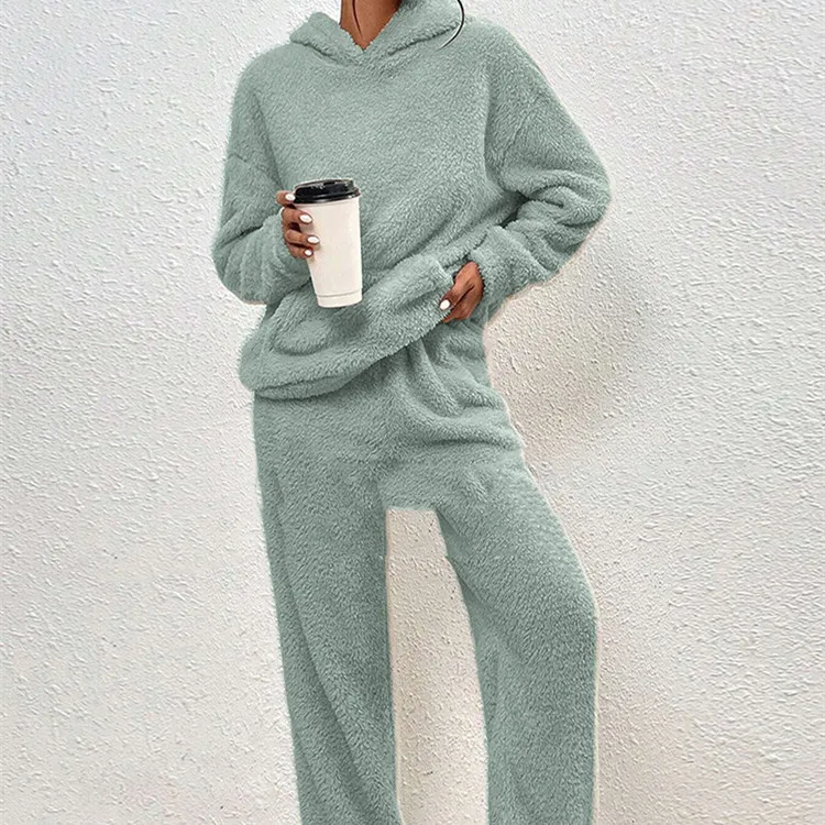 Fleece-lined Hooded Long Sleeve Dimensional Patch Pocket Casual Trousers Solid Color Suit - Emerald-Xs