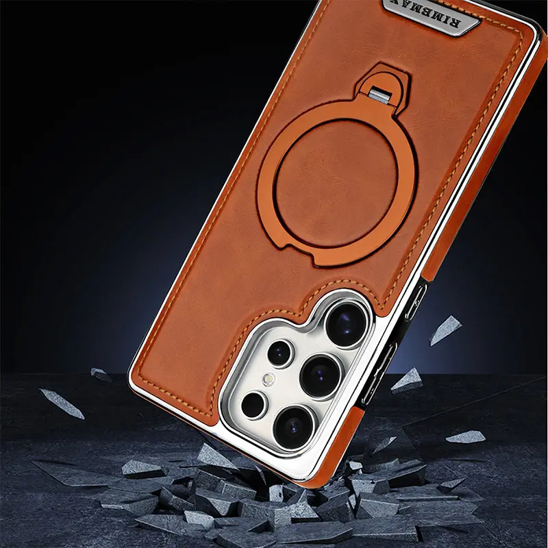 360-Degree Rotating Magnetic Suction Stand Leather-Textured Phone