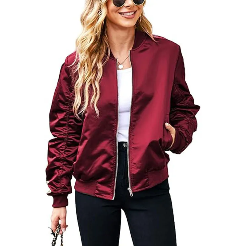 Women's Zipper Casual Jacket Coat Large Profile With Pockets Autumn Clothing Fashion - Wine Red