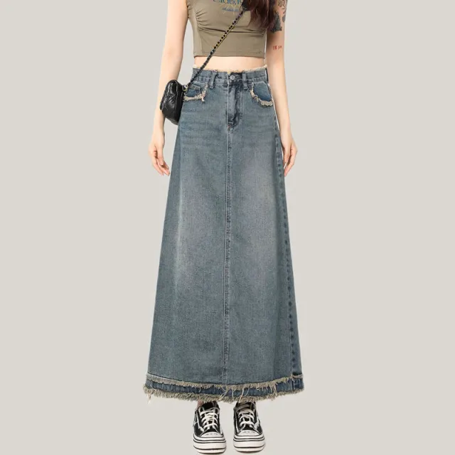 Female Summer Retro A Line Sheath Niche Flab Hiding Mid length Skirt Thin Blue - Shop at LoveMi