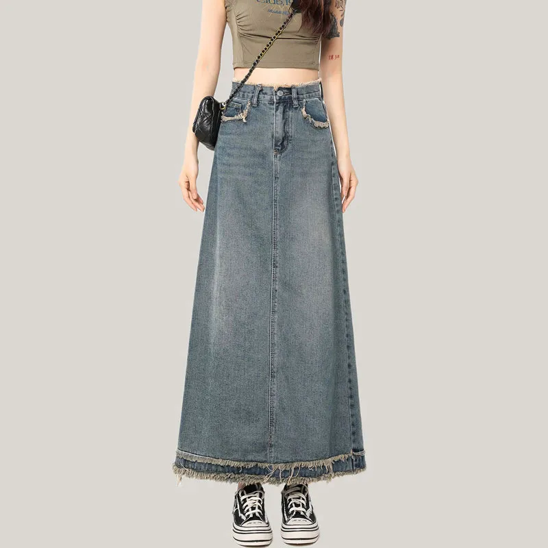 Female Summer Retro A- Line Sheath Niche Flab Hiding Mid-length Skirt Thin - Blue