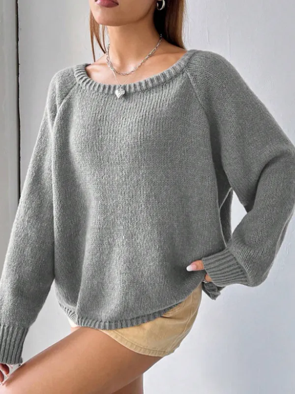 Women's Sweater Fashion Pullover Round Neck Solid Color Gray - Shop at LoveMi